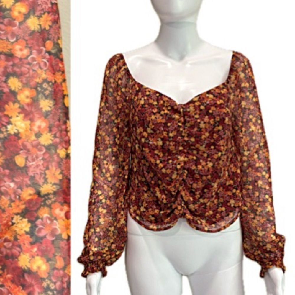 BB Dakota Steve Madden Sheer Floral Cropped Milkmaid Blouse Size M Long Sleeve